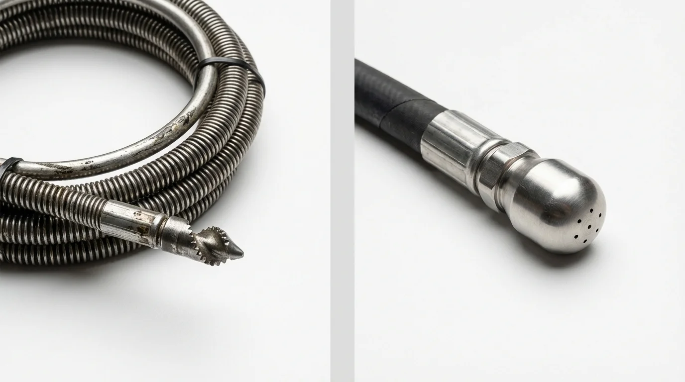 Drain snake cable and hydro jetting nozzle used for drain cleaning in Peralta, NM