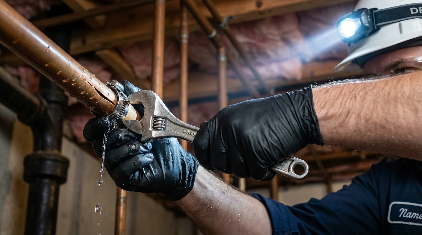 Emergency pipe clamp repair being performed by a Johns Plumbing LLC plumber in Peralta