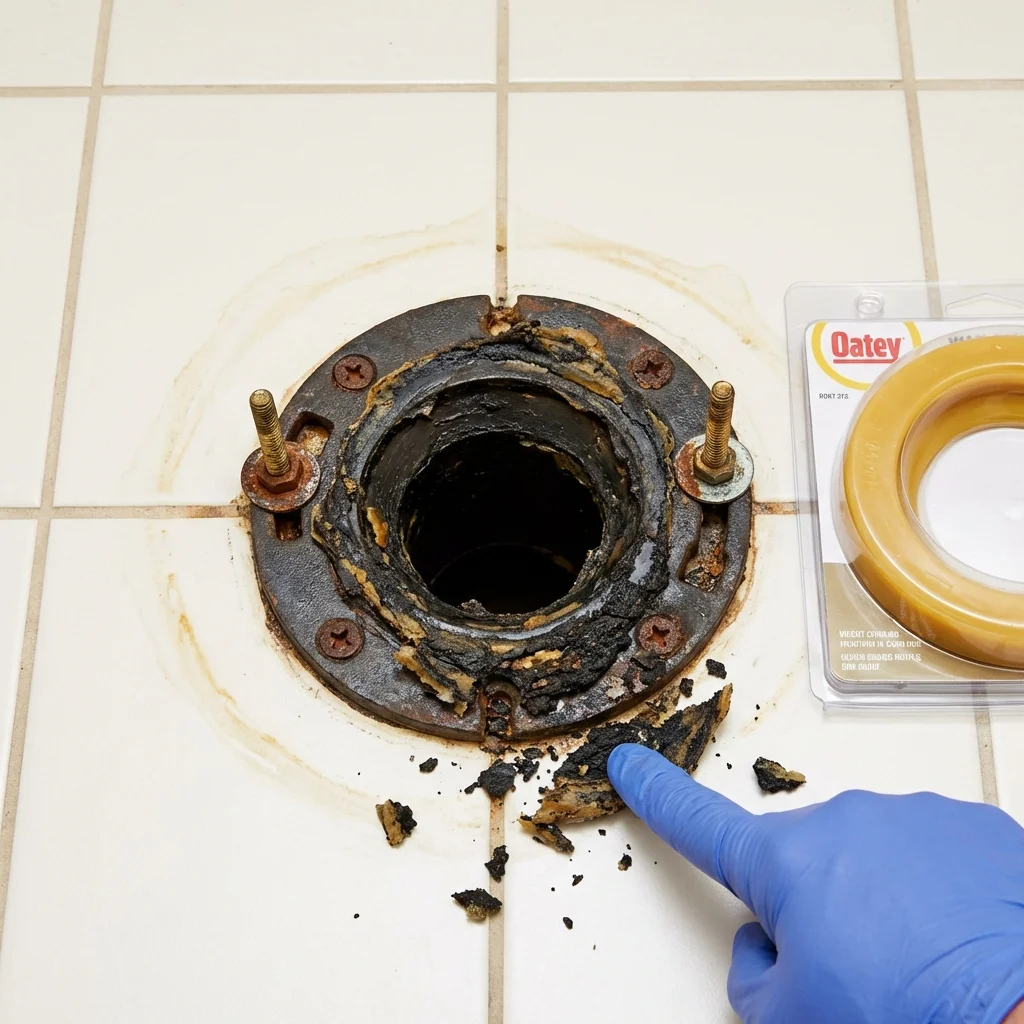 Failed wax ring showing water seepage at the base of a toilet in a Peralta, NM home