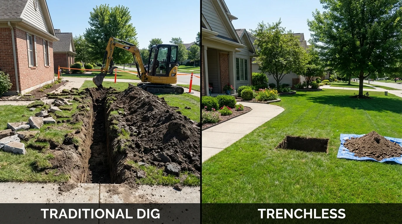 Trenchless sewer repair with minimal yard damage versus traditional excavation in Peralta, NM