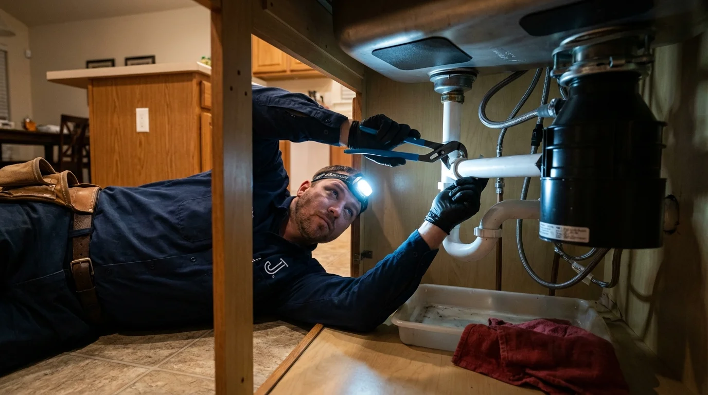 P-trap and supply line connections under a kitchen sink showing a common leak point in Peralta, NM